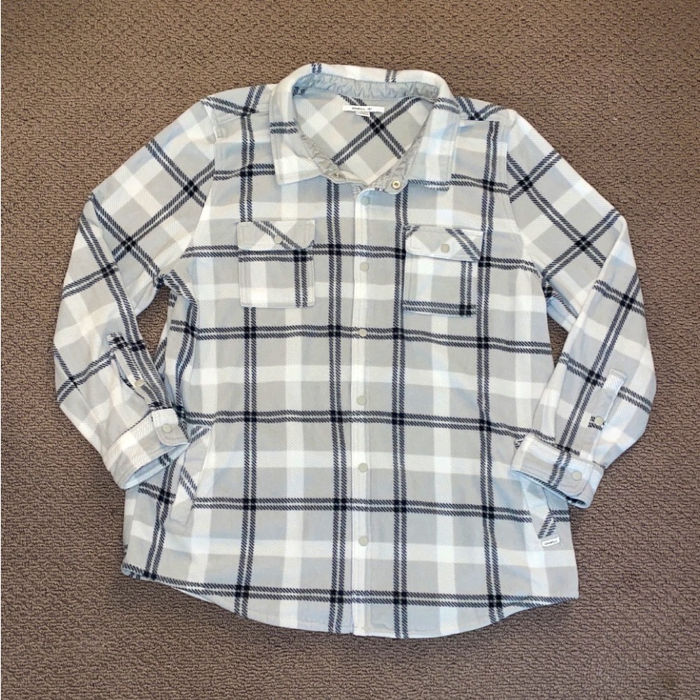 o’neill light gray superfleece long sleeve oversized plaid flannel sweatshirt